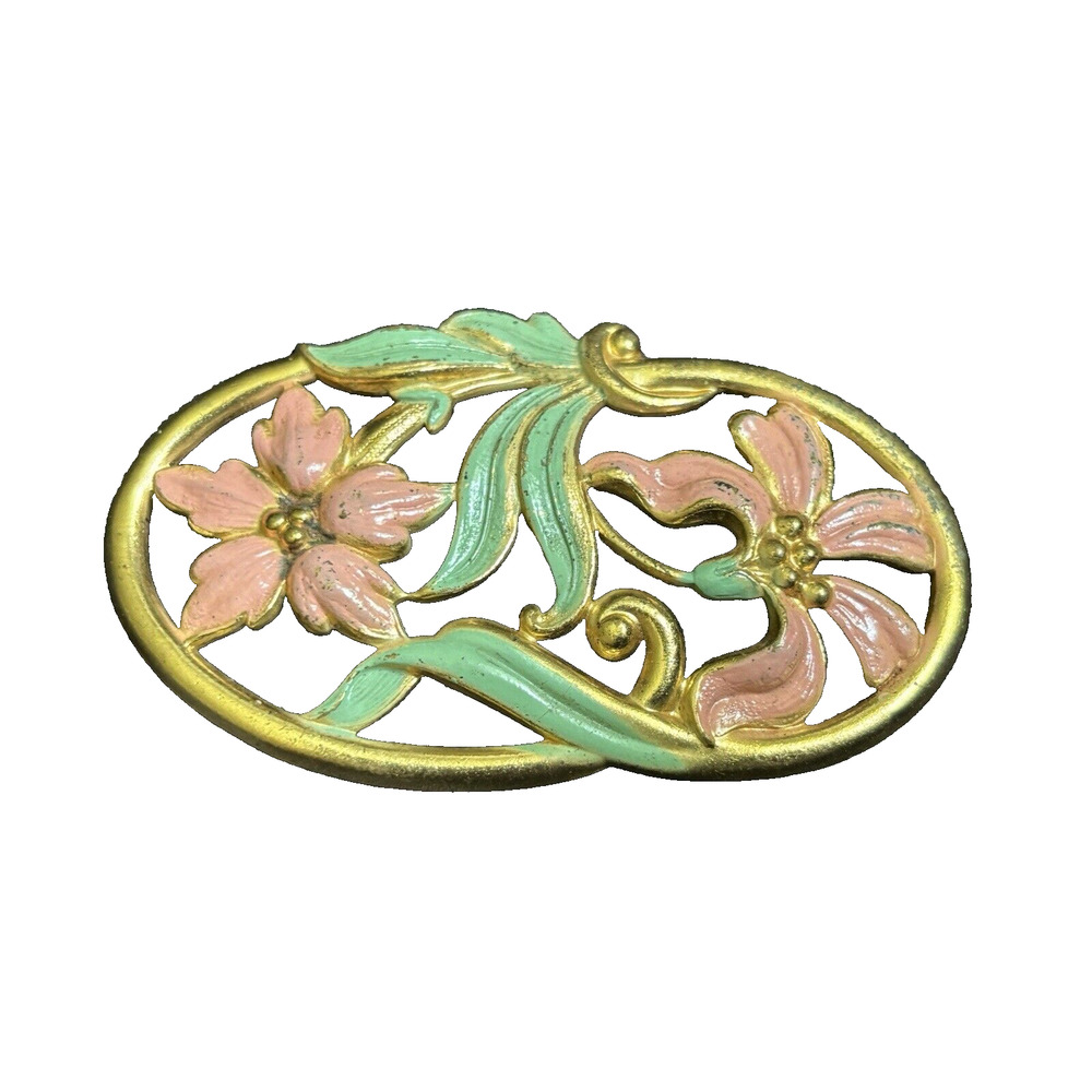 Antique Large Art Nouveau Floral Brooch Pink & Green Enamel C Clasp Brooch